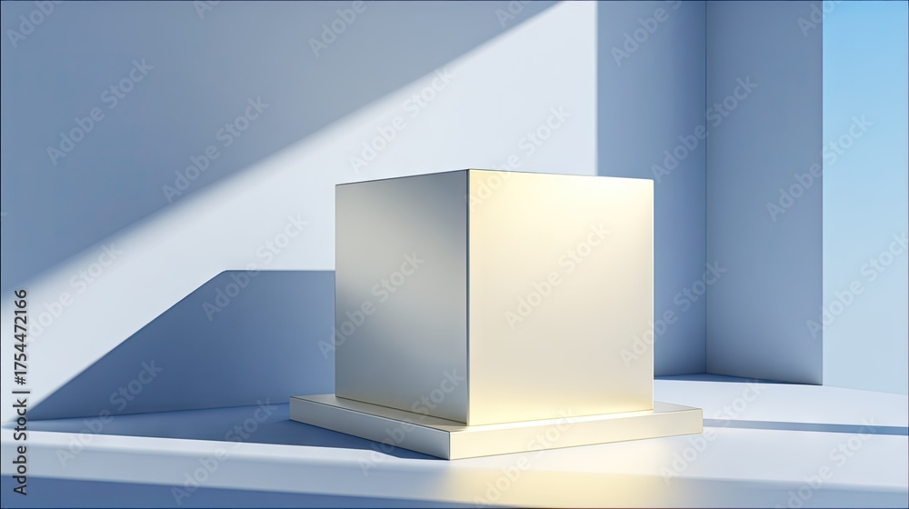 Fototapeta premium Geometric golden cube displayed in bright sunlight with shadow play