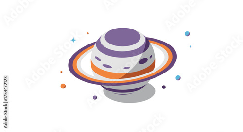 Colorful isometric planet with rings and small floating celestial bodies