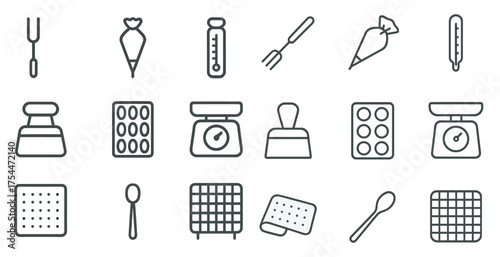 Cooking and kitchen outline icons set – linear, utensils, culinary tools collection