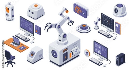 High-tech robotics workspace with futuristic computers and industrial equipment in isometric design