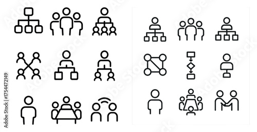 Organizational chart line icons set – outline, linear, corporate structure diagrams