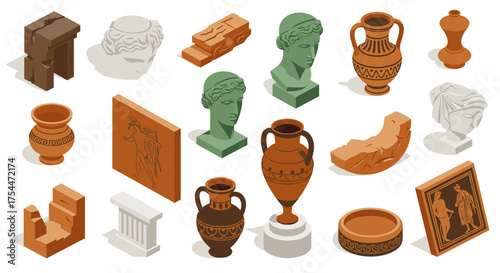 Isometric ancient artifacts and sculptures: busts, vases, reliefs, and columns in classic styles