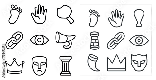 Ancient culture outline icons set – historic, mythology, archaeology symbols