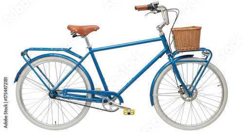 Isolated Blue bicycle with wicker basket, stylish retro transportation, modern vintage bike