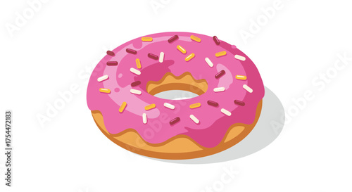 Sweet pink frosted donut with sprinkles and shadow on white background