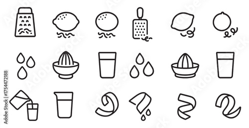 Citrus and juicing outline icons set – line, linear, juice and food preparation symbols