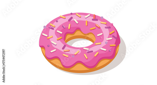 Delicious pink frosted doughnut with sprinkles on white background