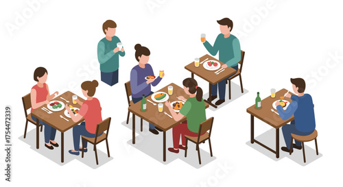 Isometric group dining scene with diverse people sharing meals in a social setting