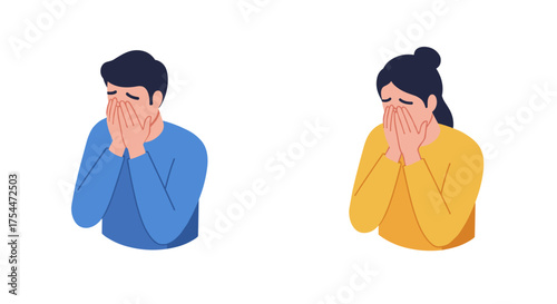 Sad couple with hands on faces in flat design