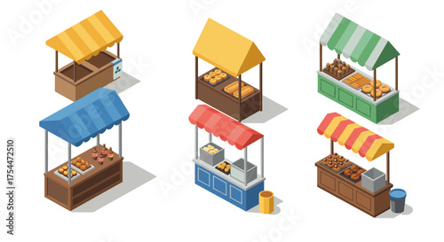 Colorful isometric market stalls with various food products