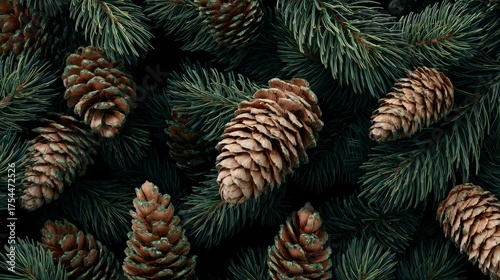 Pine cones seamless pattern, realistic, detailed evergreen branches and brown cones