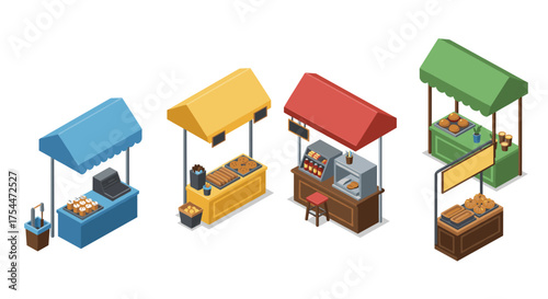 Colorful market stalls with baked goods and snacks in isometric design