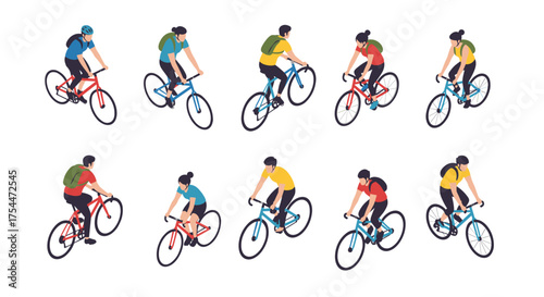 Cyclists in motion: diverse people riding bicycles in flat style