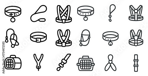 Pet accessories outline icons set – silhouette, flat, animal care symbols