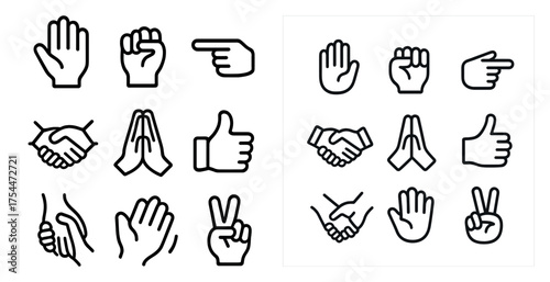 Hand gestures line icons set – outline, linear, communication and sign symbols