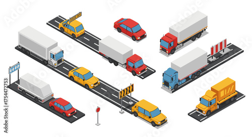 Isometric vehicles on city roads with diverse trucks, cars, and traffic signs