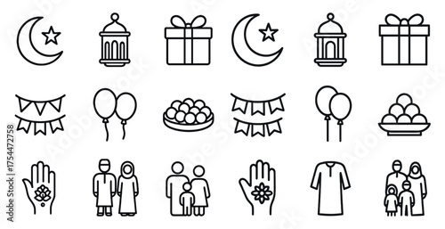 Ramadan celebration linear icons set – outline, festival, holy month symbols