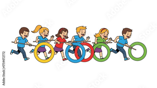 Youthful Games: Playful youngsters engage in a friendly relay race, navigating a colorful track with determination and smiles. An illustration of active kids in a joyful sports competition.