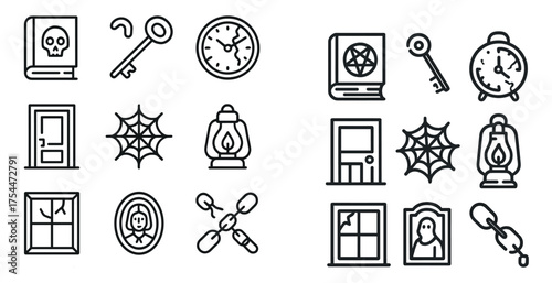 Mystery and paranormal outline icons set – flat, silhouette, spooky, supernatural symbols