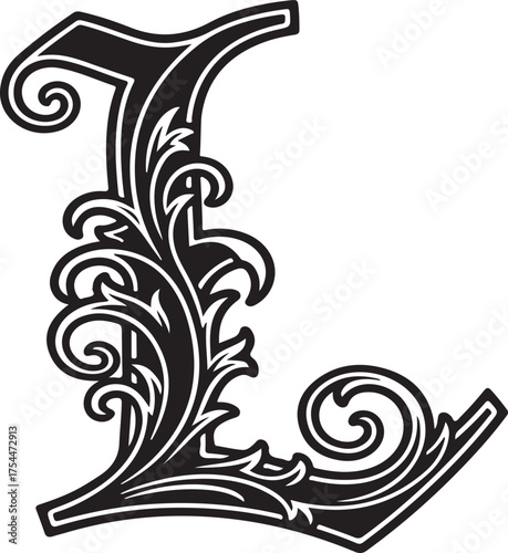Elegant decorative letter l ornate flourishes calligraphy design initial alphabet monogram typographic symbol