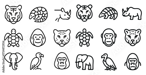 Wildlife animals icons set – outline, linear, nature and conservation symbols