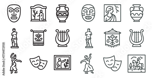 Ancient greek outline icons set – linear, cultural, historic symbols