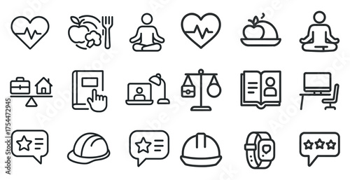 Health and wellness outline icons set – heart, yoga, nutrition symbols