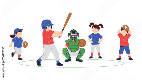 Baseball Game: A lively baseball game unfolds on a field, young players demonstrating their love for sports and the energy of competition. The scene depicts teamwork, skill.