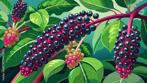 Very beautiful macro photograph of unripe berries on a Pokeweed plant (Phytolacca americana), showing vibrant green clusters, natural textures, and delicate forest details in Raleigh, North Carolina.