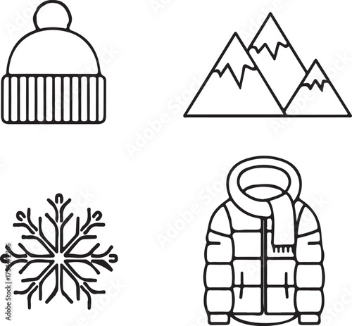 Winter icons set featuring a cozy beanie mountains snow snowflake and warm puffer jacket design elements