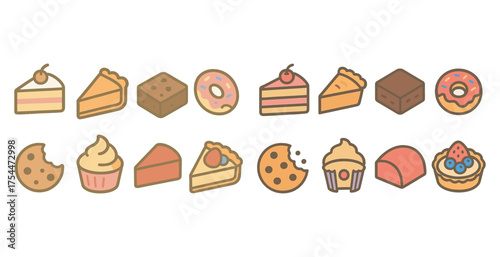 Bakery and dessert icons set in outline style - sweet treats, confection, pastry symbols