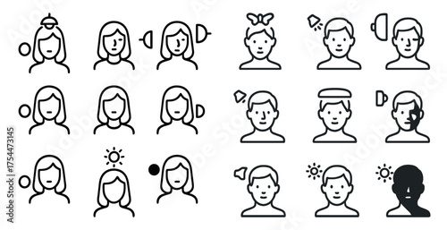 Hearing and communication icons set - outline, linear, auditory symbols