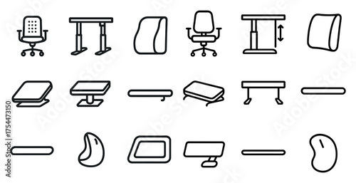 Office furniture outline icons set – line, workplace essentials, ergonomic symbols
