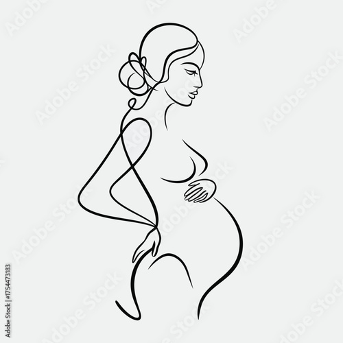 Elegant minimalist vector illustration of a pregnant woman in continuous line art style scalable eps silhouette White background