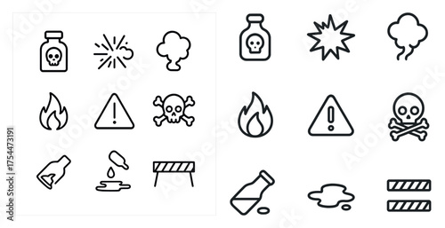 Hazard warning outline icons set – safety, alert symbols, and caution signs