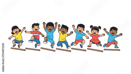 Joyful Leap: A group of diverse children joyfully leap over wooden obstacles, showcasing teamwork and energetic playfulness.