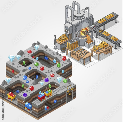 Isometric Pixel Art Mine and Gold Smelting Factory with Gems and Gold Bars.