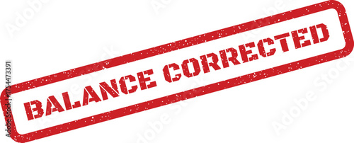 Official red textured rubber stamp with BALANCE CORRECTED message for rectified financial records