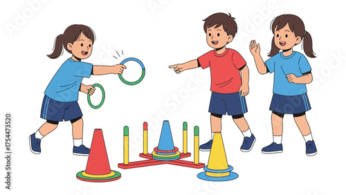 Playful Rings: Three children engage in a game of ring toss, their faces lit with anticipation and the thrill of playful competition. The scene captures a moment of laughter and shared fun.