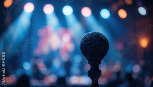 Microphone close-up with blurred stage in background, singing competition vibe, moody lighting and bokeh effects, cinematic tone