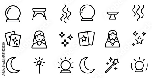 Fortune telling outline icons set – mystic, linear, astrology and divination symbols
