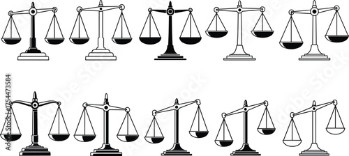 Black balance scale icon set featuring ten stylized designs with varied pan positions, beam shapes, and central supports