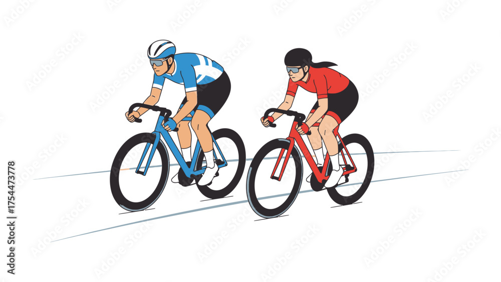 Naklejka premium Racing Cyclists on the Track: A dynamic depiction of cyclists in full stride, their bikes cutting through the air. Capturing the essence of competitive cycling.