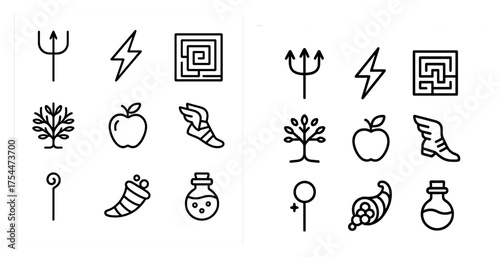 Mythology and symbolism outline icons set – linear, emblematic, ancient symbols