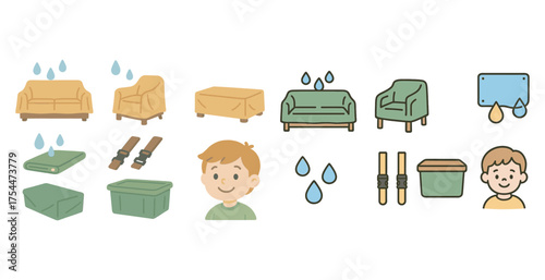 Furniture and home protection flat icons set – water damage, leak prevention symbols