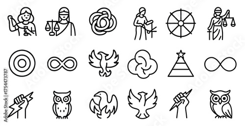 Justice and law outline icons set – linear, line, legal and judgment symbols