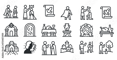 Medieval kingdom outline icons set – linear, royal, historic, and cultural symbols