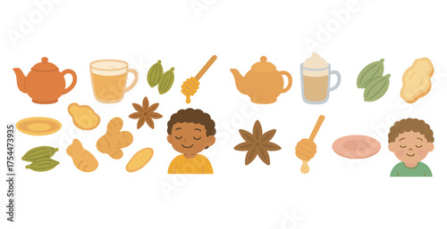Herbal tea and wellness icons set – flat, outline, soothing and natural remedies