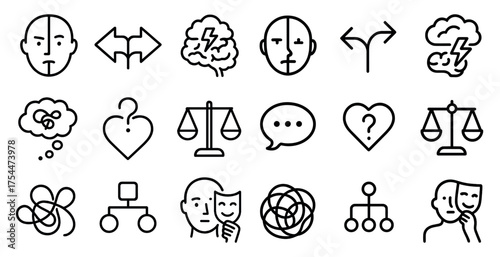 Psychology and mental health outline icons set – linear, silhouette, therapy symbols