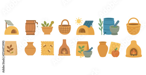 Sustainable living icons set – flat, eco-friendly, green lifestyle symbols